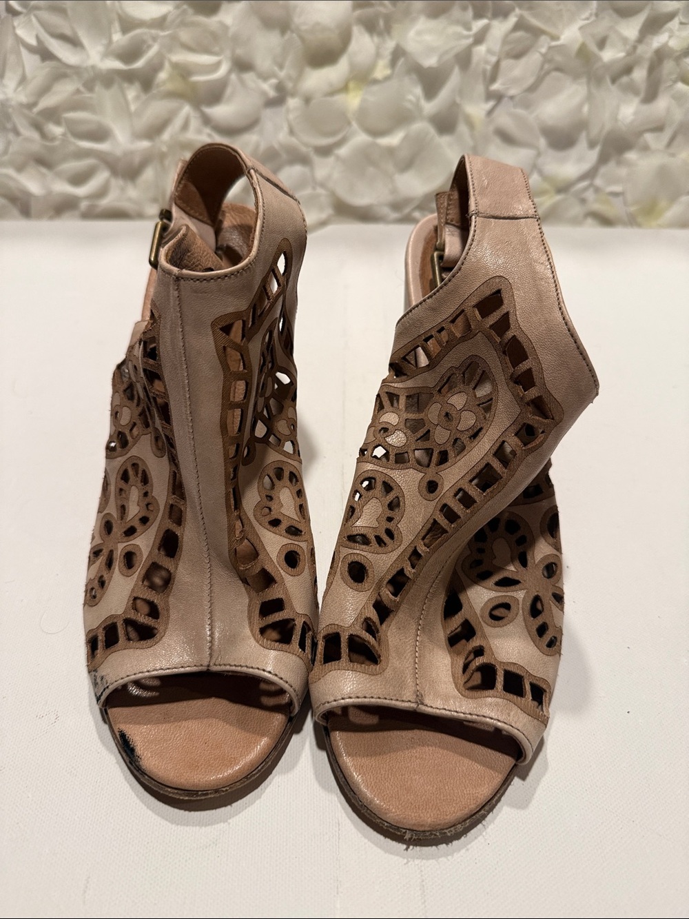 Laser-Cut Peep-Toe Slingback Heels in Dusty Taupe